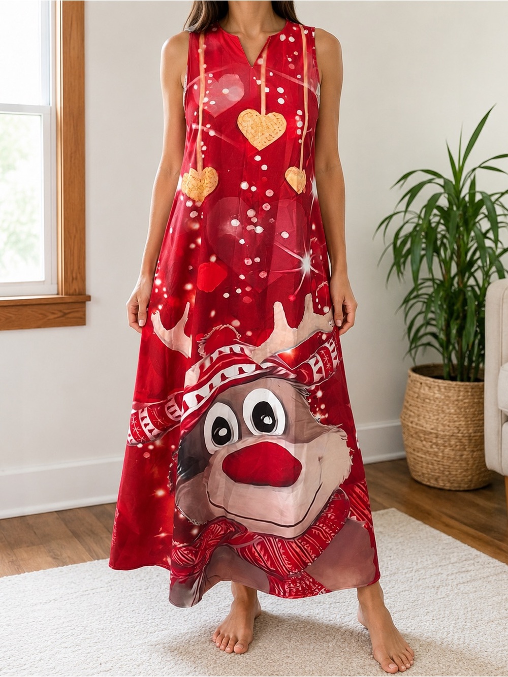 Red Festive Maxi Dress with Reindeer Graphic